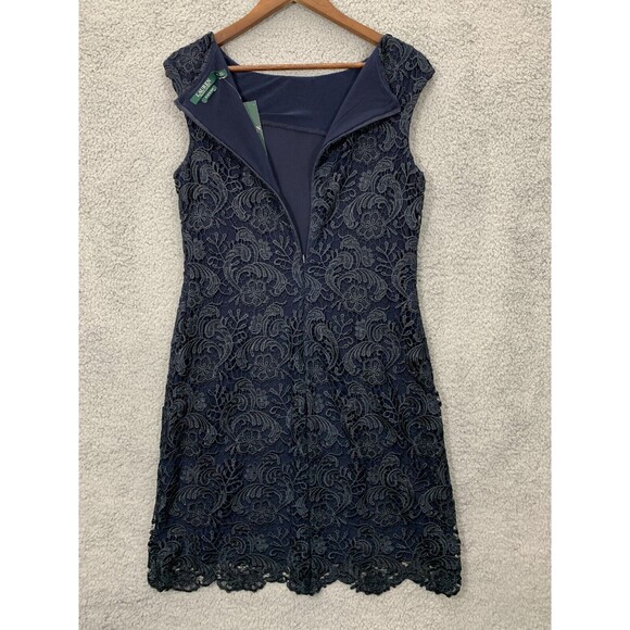 Lauren Ralph Lauren Lighthouse Navy Floral Lace Back Zip Lined Evening Gown 10 - Picture 3 of 13